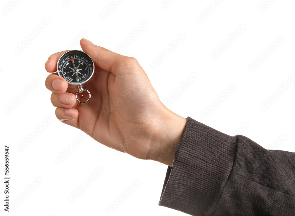 Woman with black compass on white background