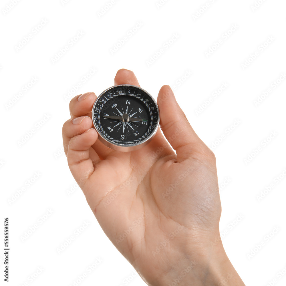 Woman with black compass on white background