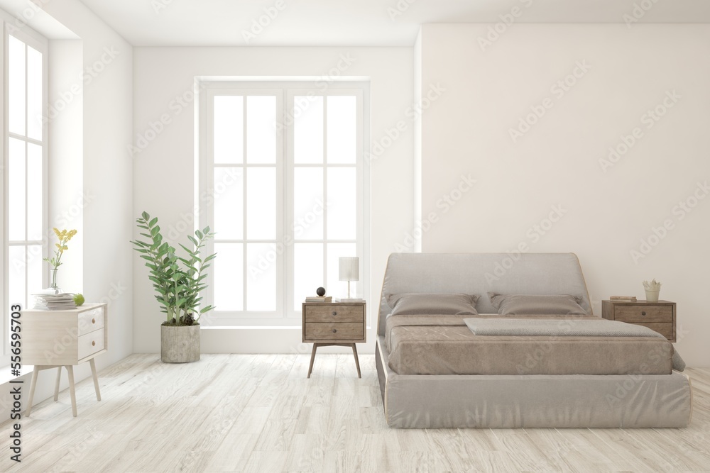 White bedroom interior. Scandinavian design. 3D illustration