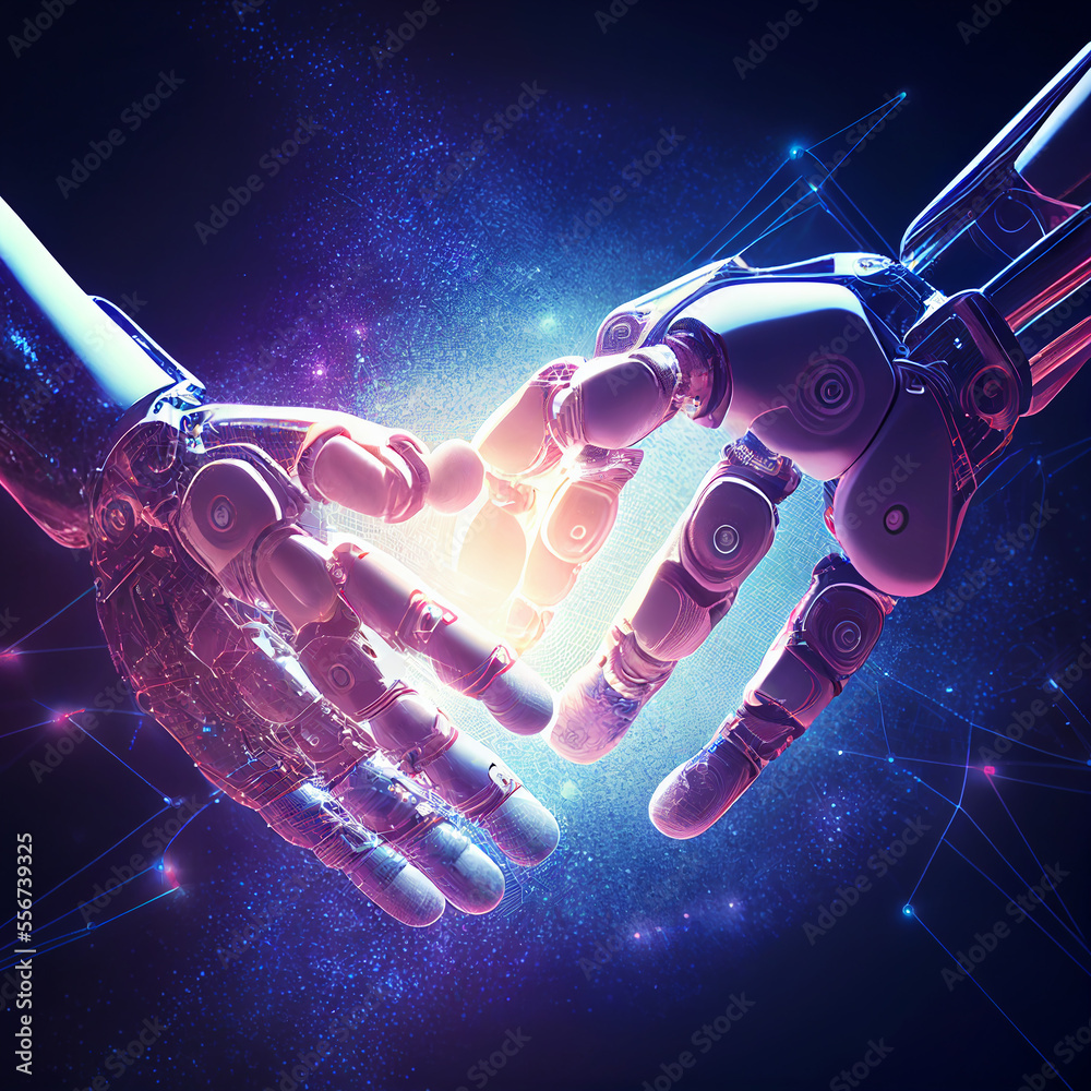 Robot hands with fingers reaching out and touching on a big data network in a connection of friendsh