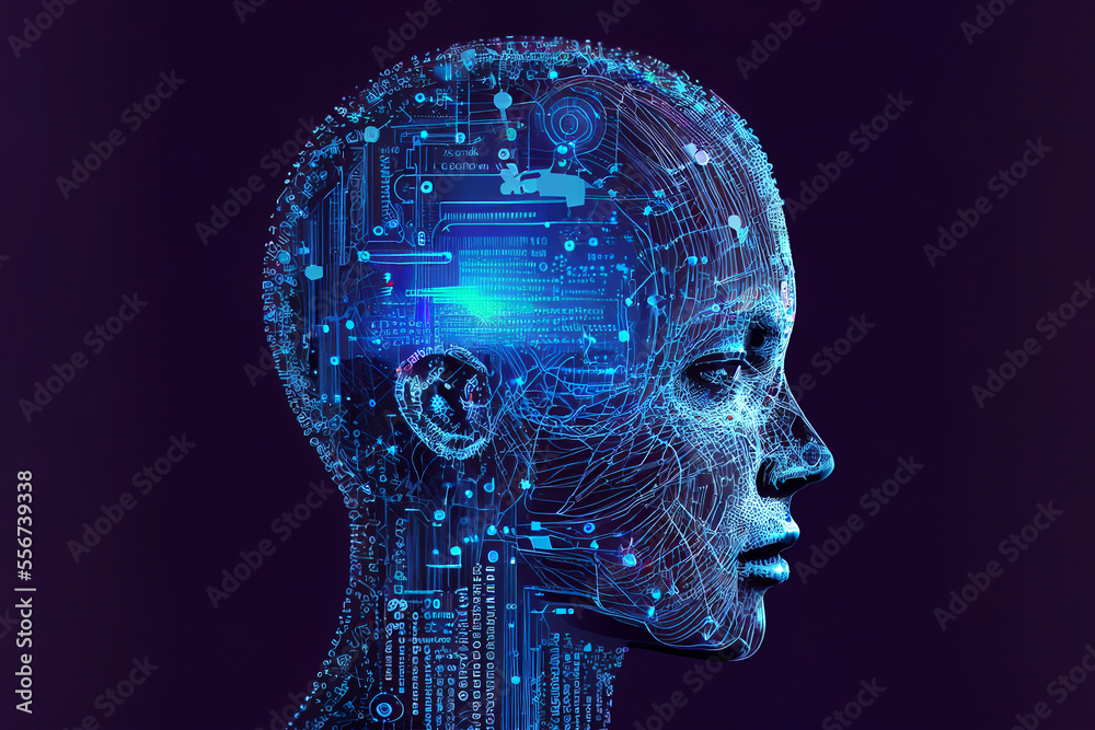 Neural network of big data and artificial intelligence circuit board in the head and face of a purpl