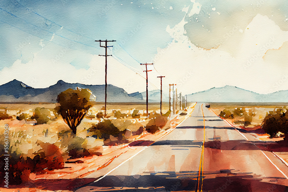 Route 66 landscape, watercolor style, generative ai