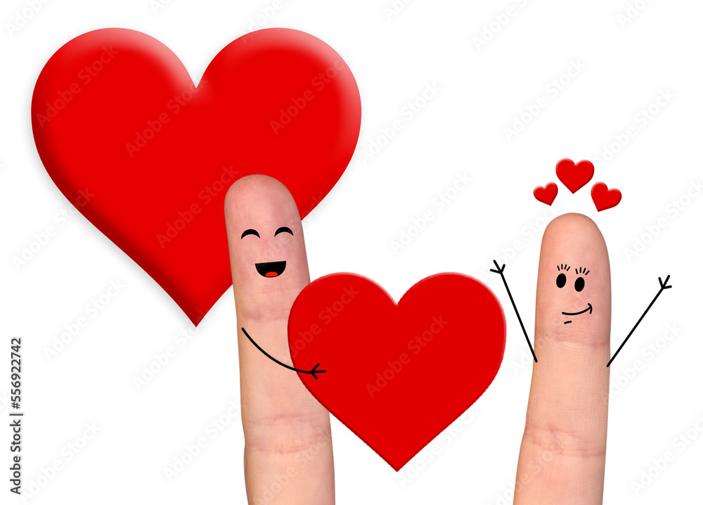 Happy finger couple in love celebrating Valentine’s day by holding each other