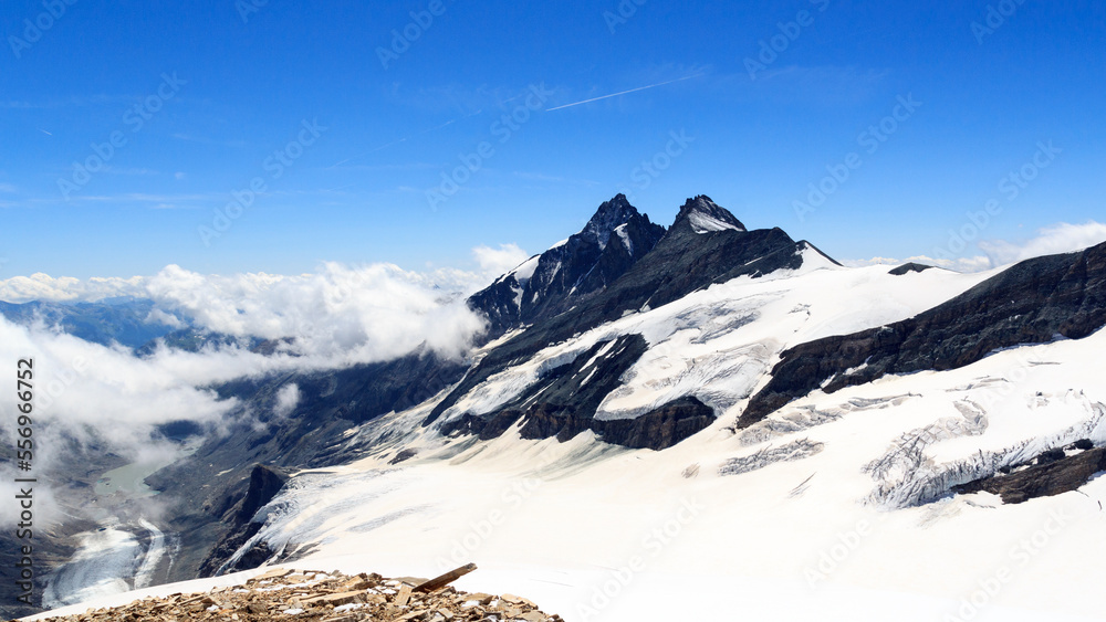 Mountain Grossglockner and glacier Pasterze panorama in Glockner Group, Austria