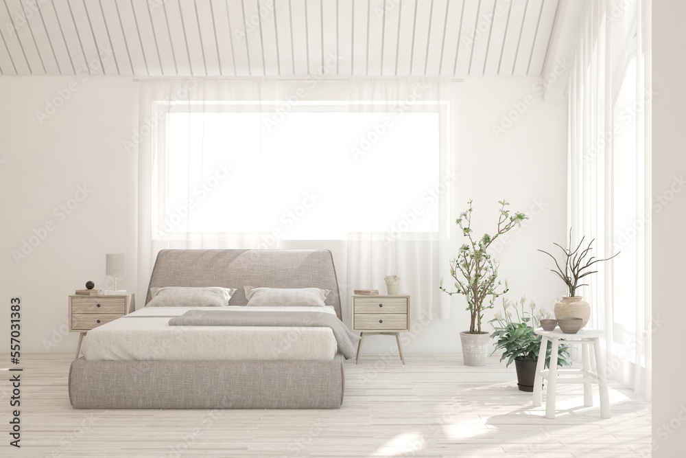 White bedroom interior. Scandinavian design. 3D illustration