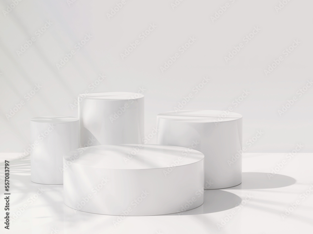 3D Four modern, minimal round cylinder white podium on glossy counter table in dappled sunlight and 