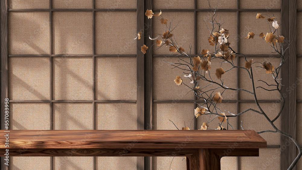 3D Wooden table top with dried tree branch and leaf in sunlight from window on traditional Japanese 