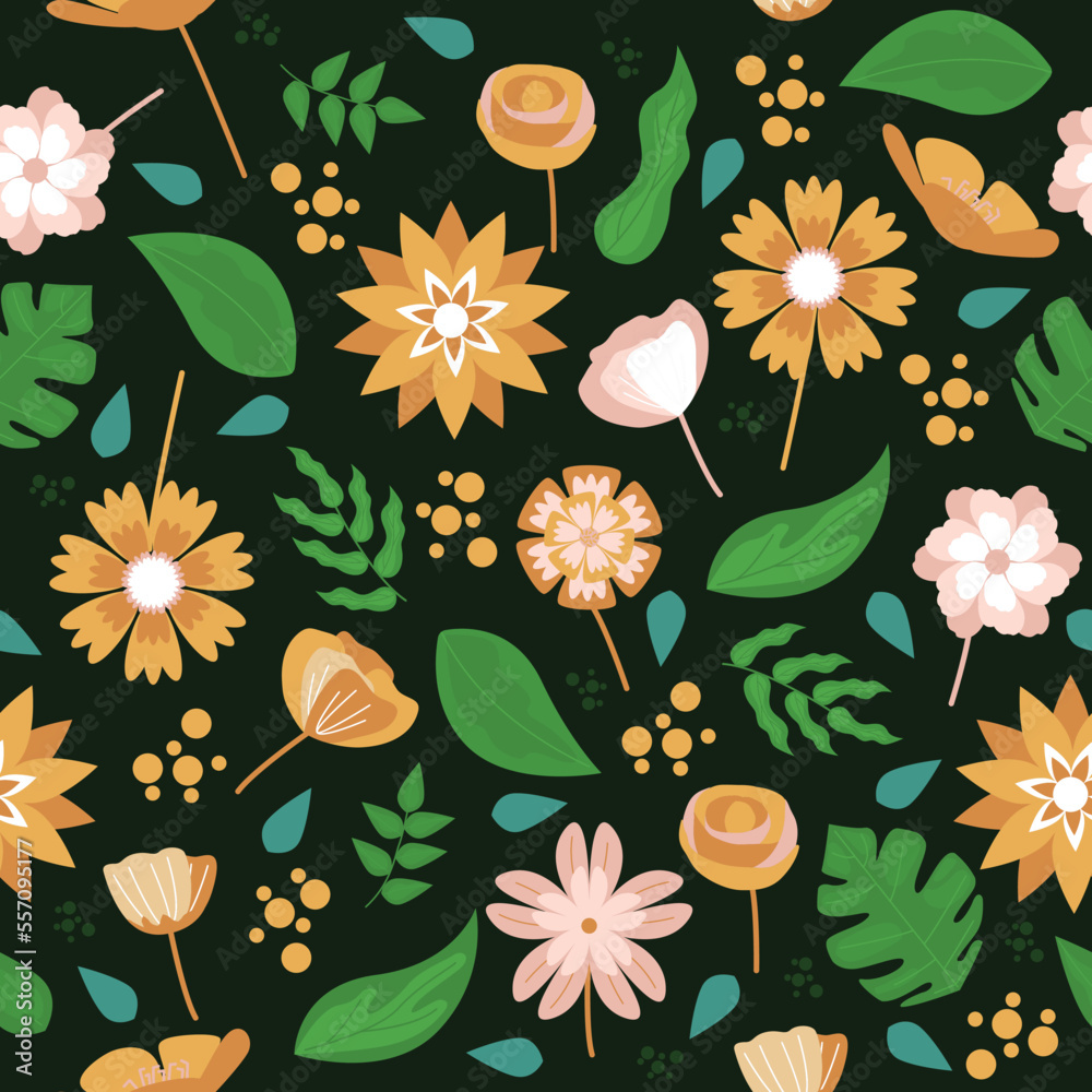 Floral Flower Nature Dark Background Seamless Pattern Wallpaper