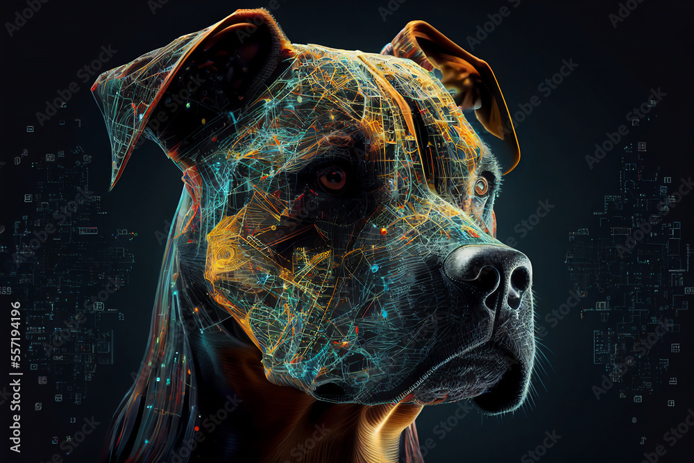 Neural network of a dog brain with big data and artificial intelligence circuit board in the head of