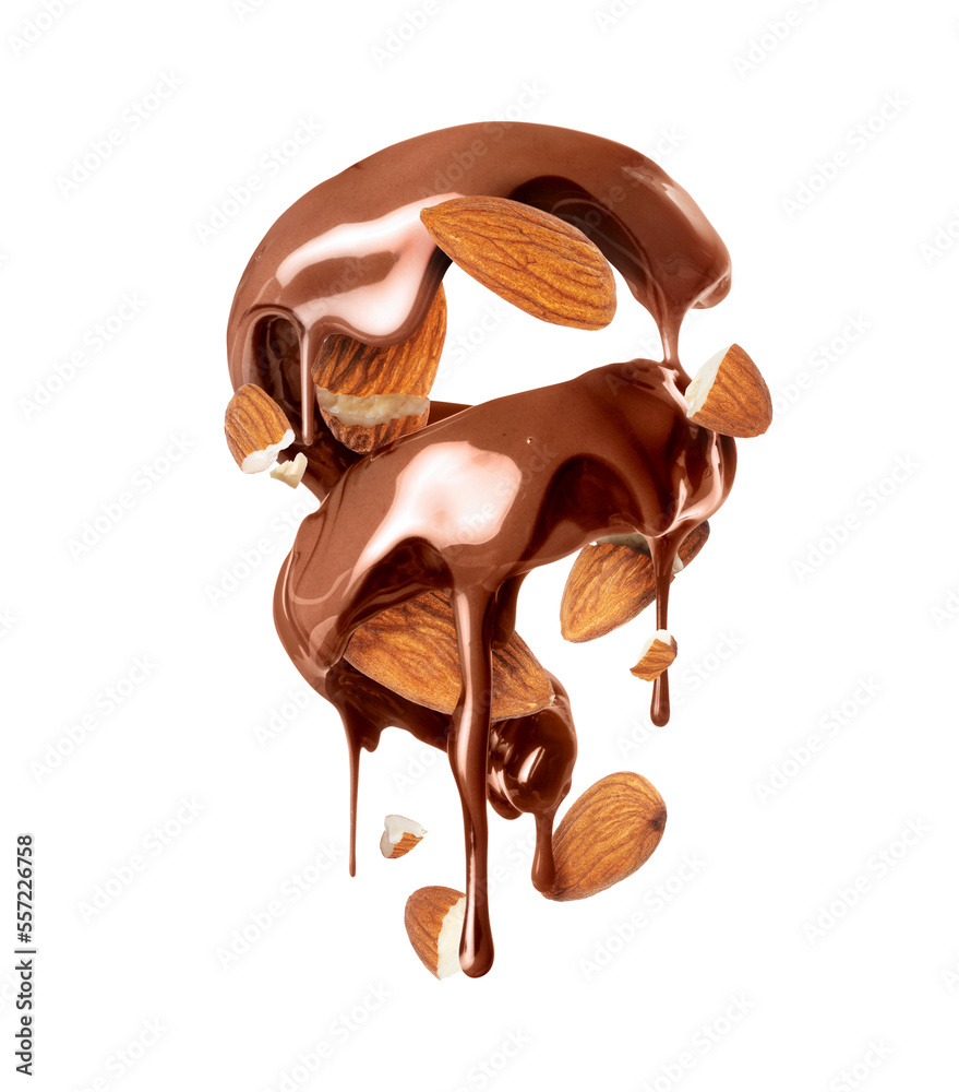 Melted chocolate in a twisted shape with crushed almonds closeup isolated on a white background