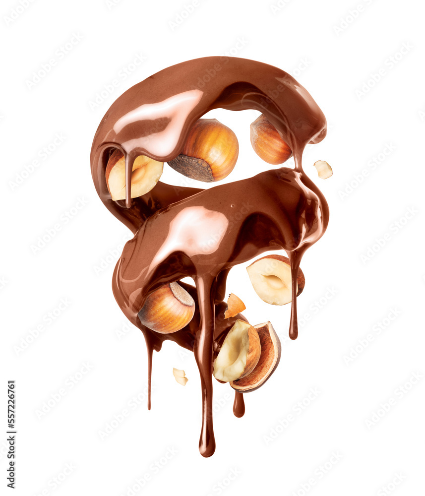 Melted chocolate in a twisted shape with hazelnuts closeup isolated on a white background