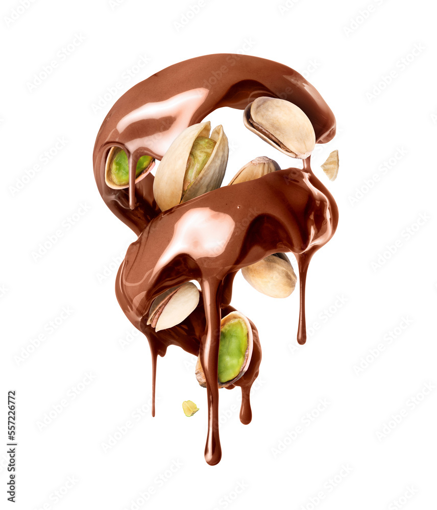 Melted chocolate in a twisted shape with pistachios closeup isolated on a white background