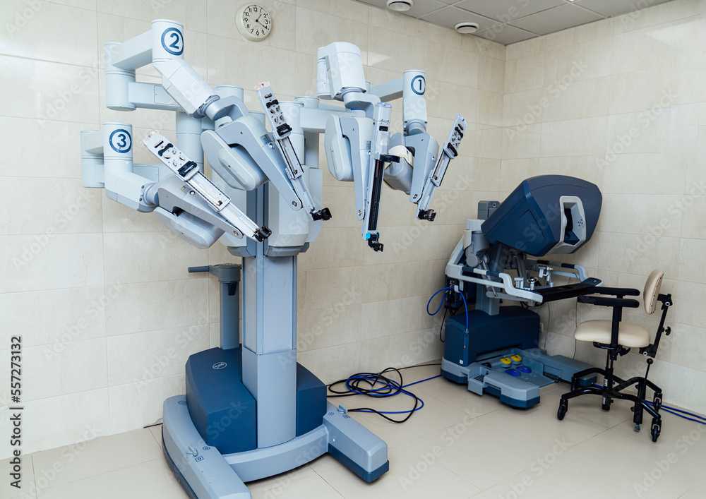 Medical operation technologies. Modern Da vinci surgery robot.