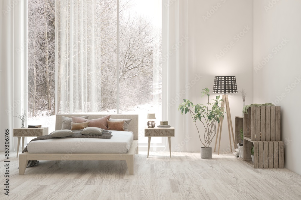 White bedroom interior. Scandinavian design. 3D illustration