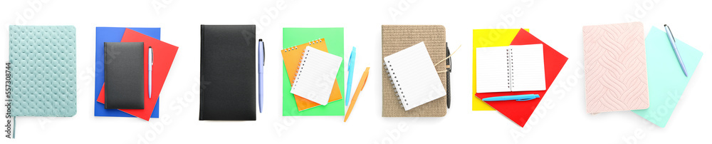 Collage of stylish notebooks with stationery on white background