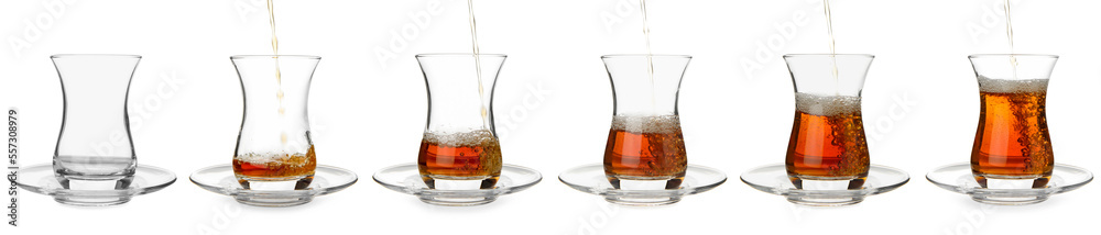 Process of pouring of tasty Turkish tea into glass cup on white background