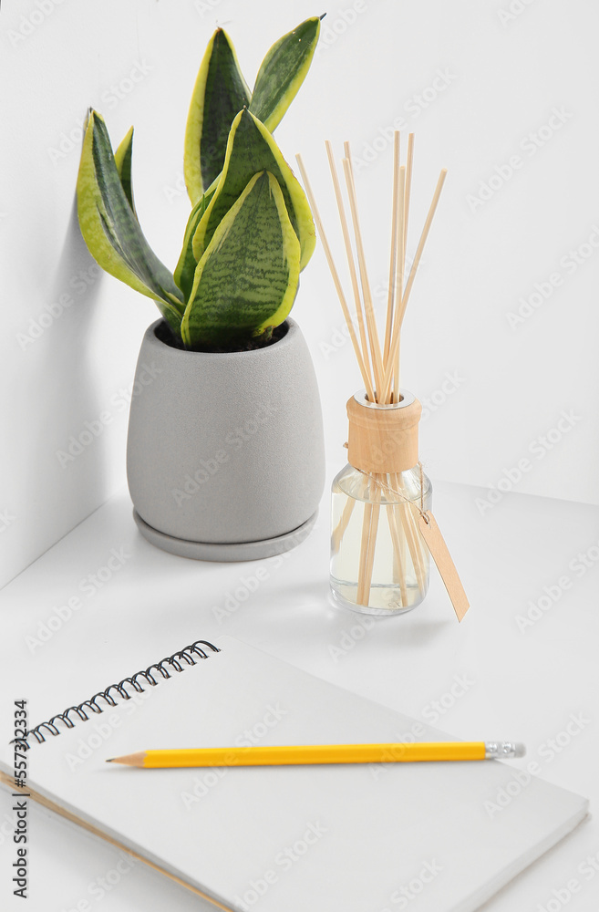 Notebook with pencil, reed diffuser and houseplant on table near white wall