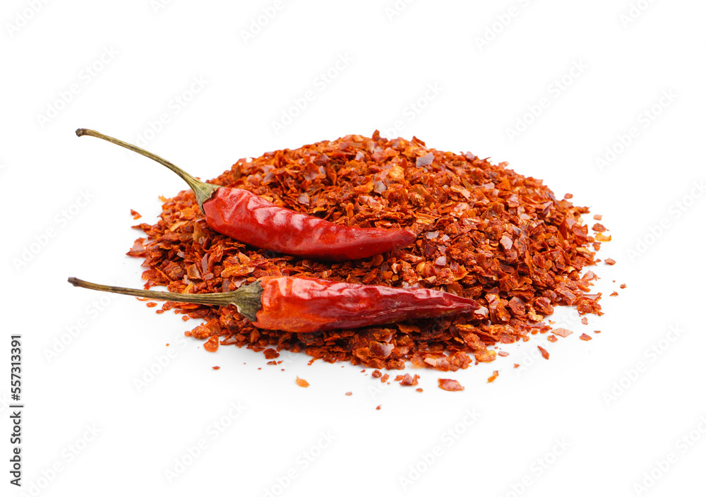 Heap of chipotle chili flakes isolated on white background