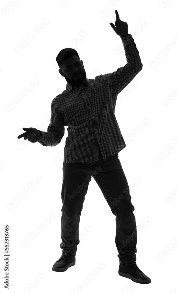 Silhouette of young man dancing on white background