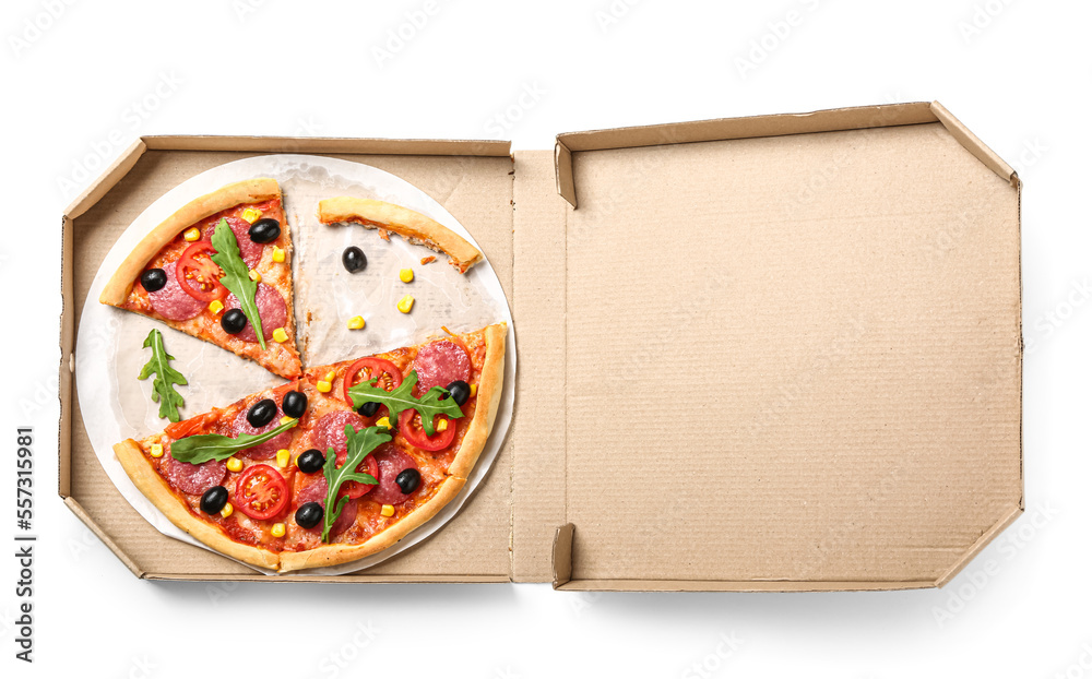 Cardboard box with delicious pizza with olives isolated on white background