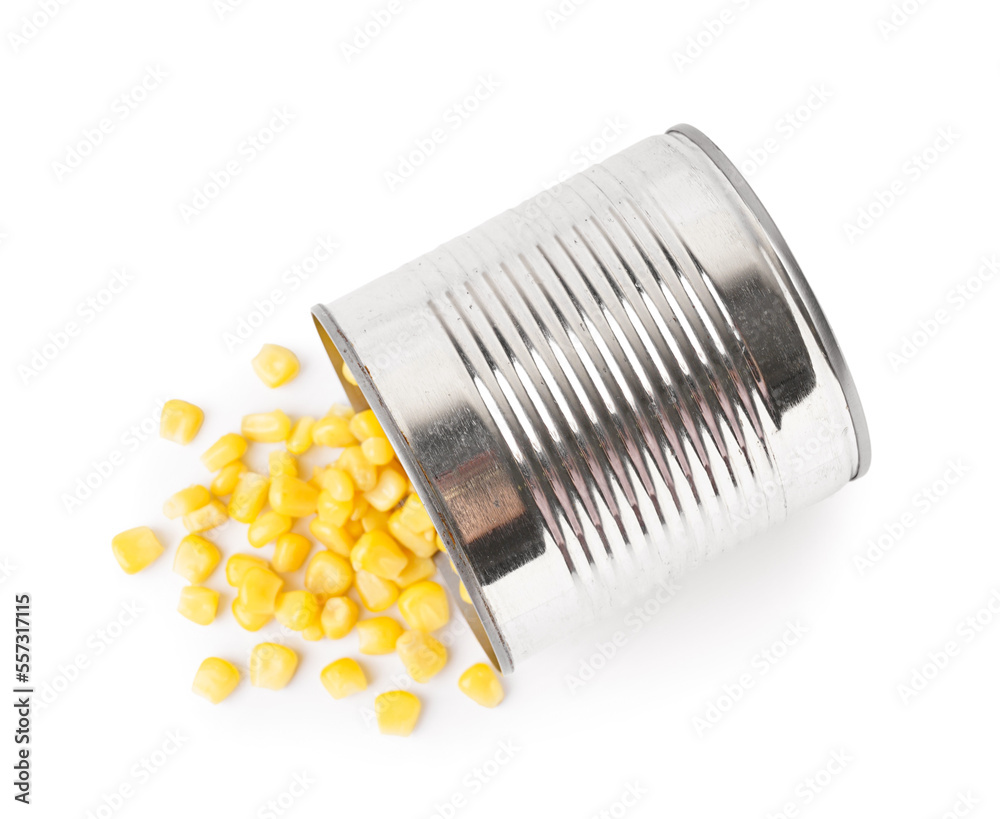 Tin can with corn isolated on white background