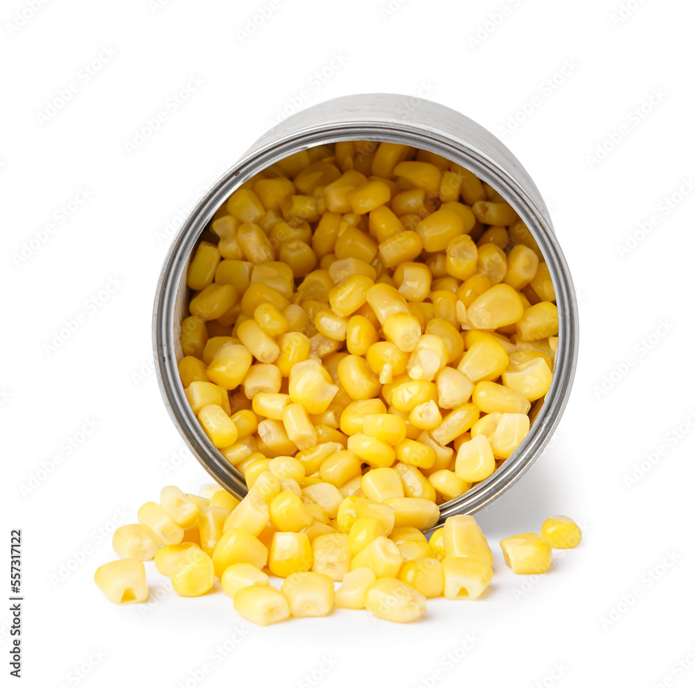 Tin can with corn isolated on white background