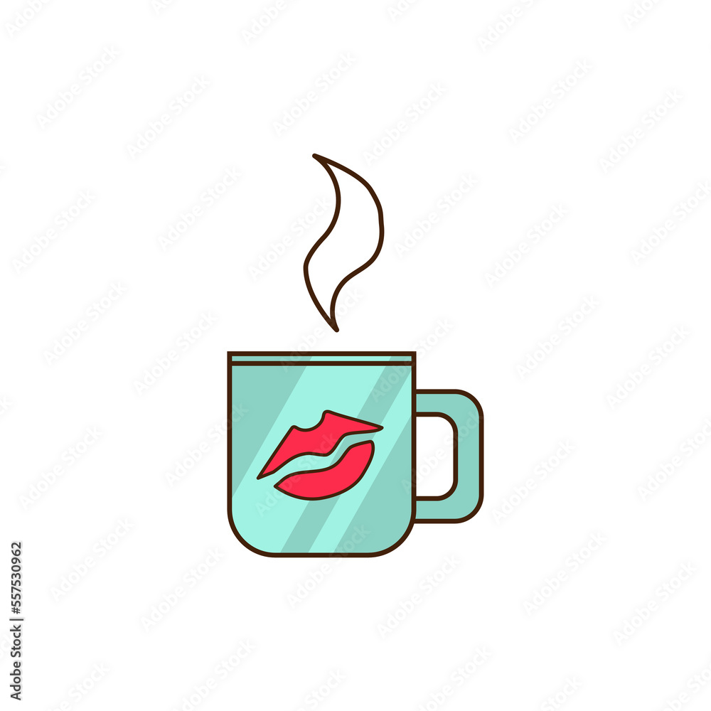 Hot tea in cup with female lips print on white background