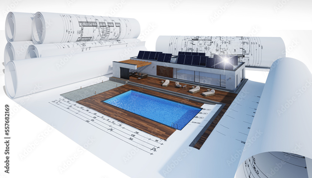 Bauplannung an einem modernen, energieeffizienten Bungalow mit Swimmingpool - 3D Visualisierung