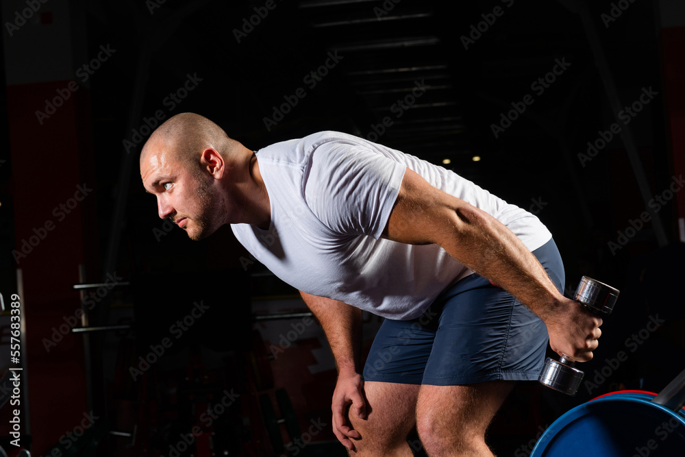 Male bodybuilder engaged with dumbbells in the gym