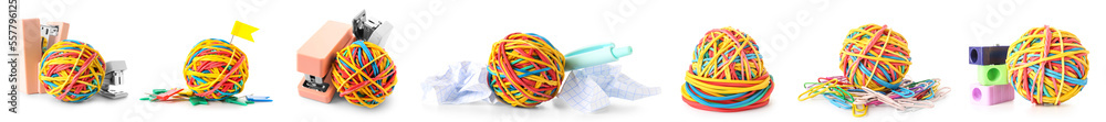 Collection of colorful rubber band balls with office supplies on white background