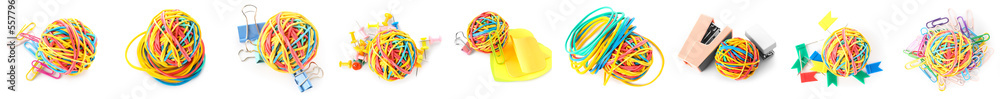 Group of colorful rubber band balls with office supplies on white background