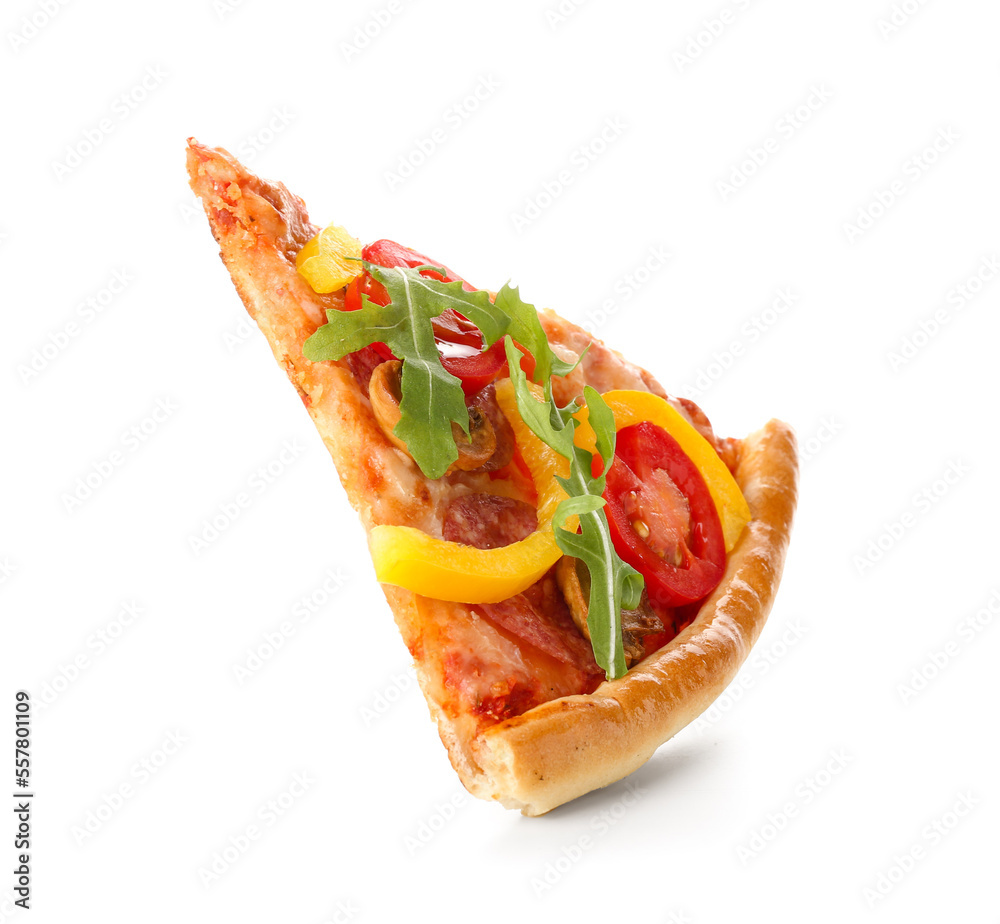 Slice of tasty pizza with sausage, mushrooms and arugula on white background