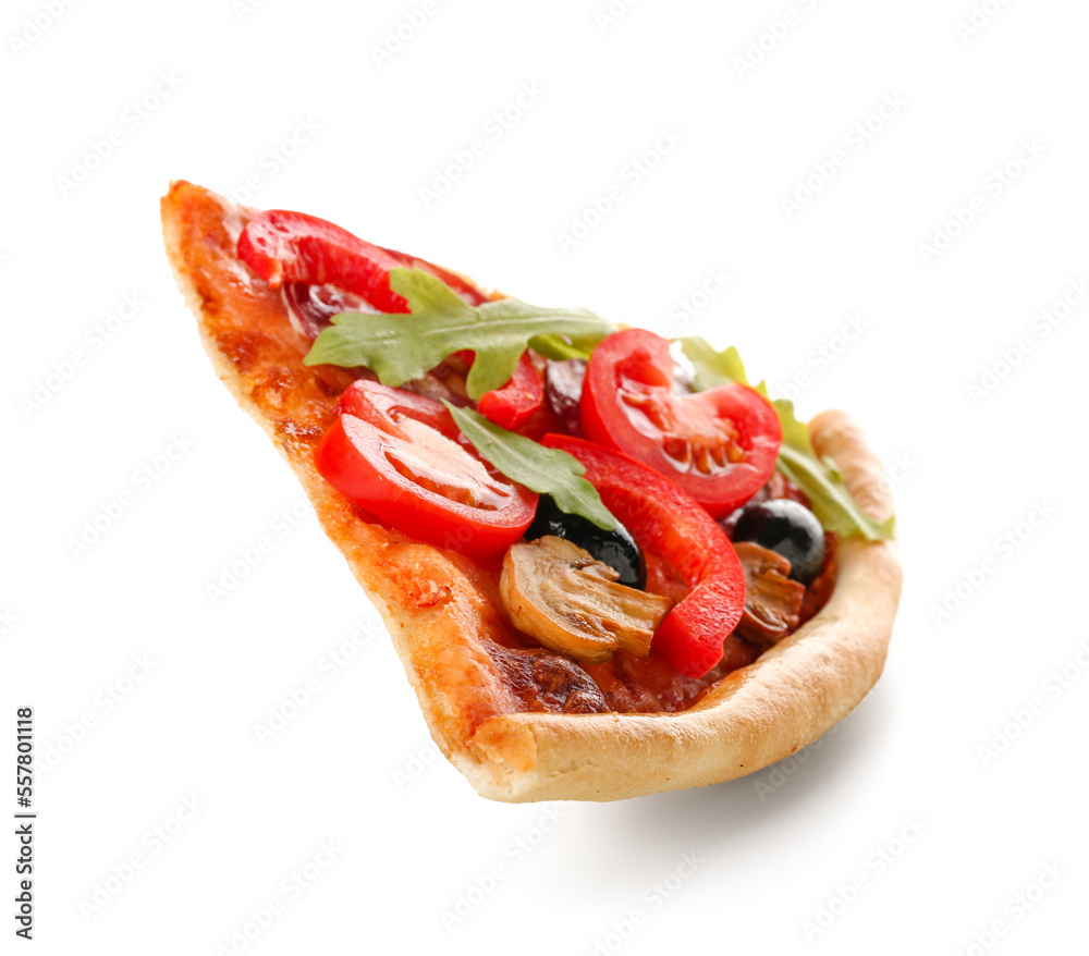 Slice of tasty pizza with sausage, olives and tomatoes on white background