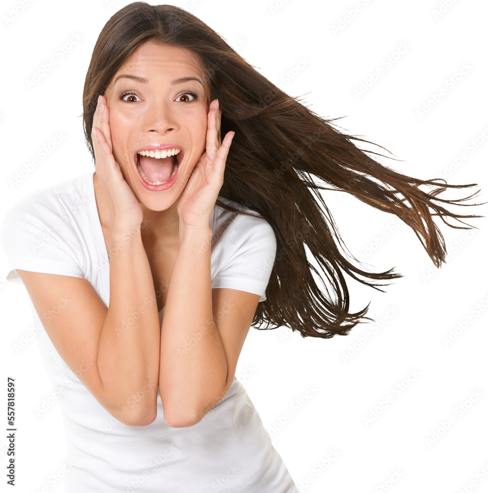 Surprised excited happy screaming woman isolated. Cheerful girl winner shocked over winning with fun