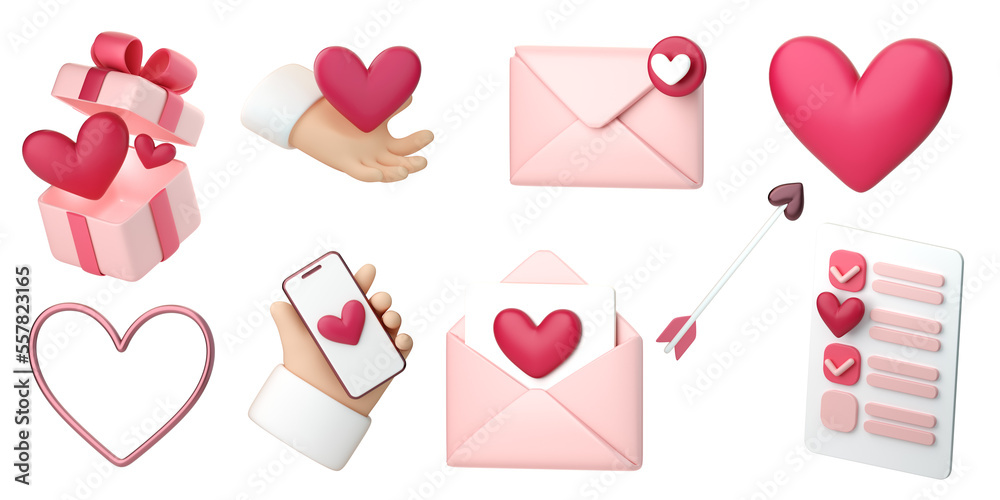 3d romantic collection icons set. Hearts, love letters and gifts. Concept of love day, Valentines da