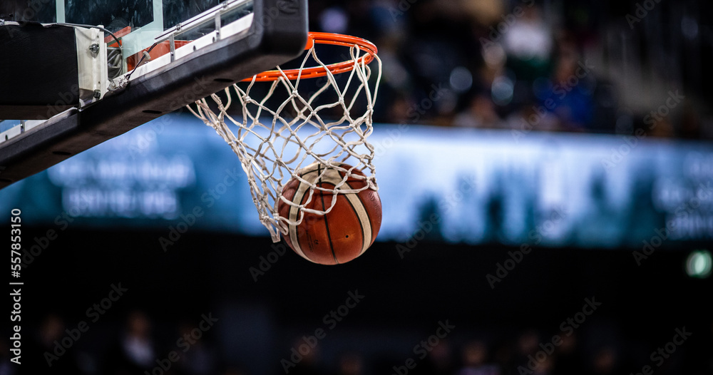 basketball game ball in hoop