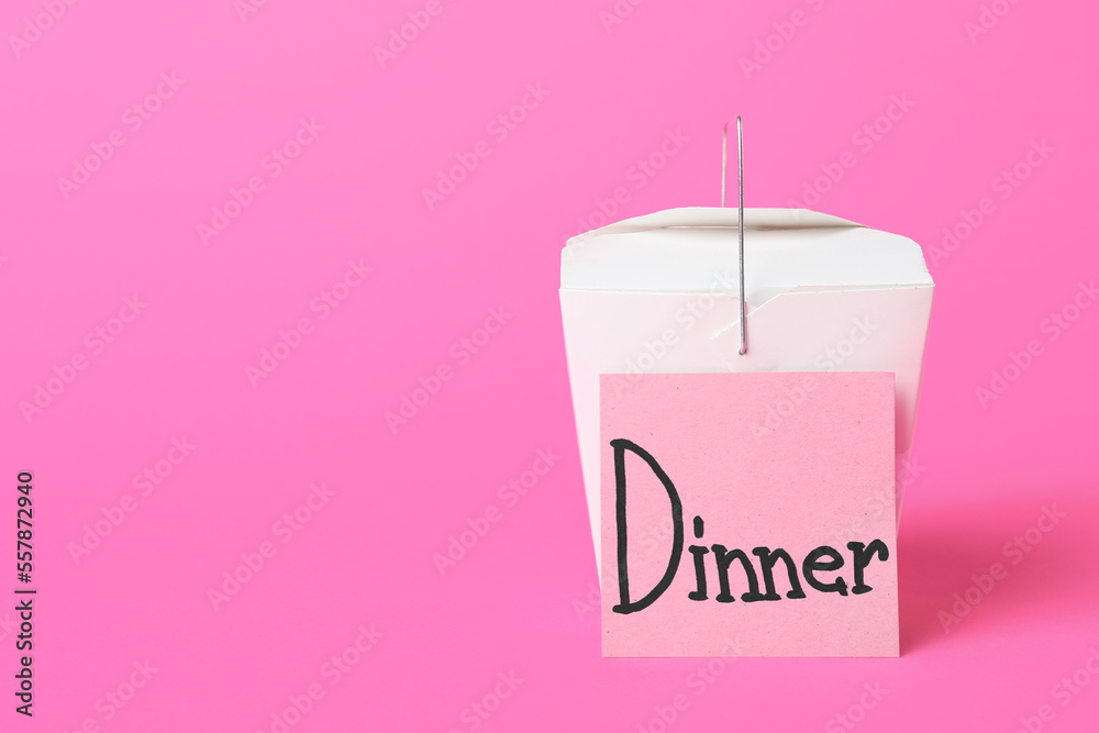 Box with Asian food and sticky note with word DINNER on color background