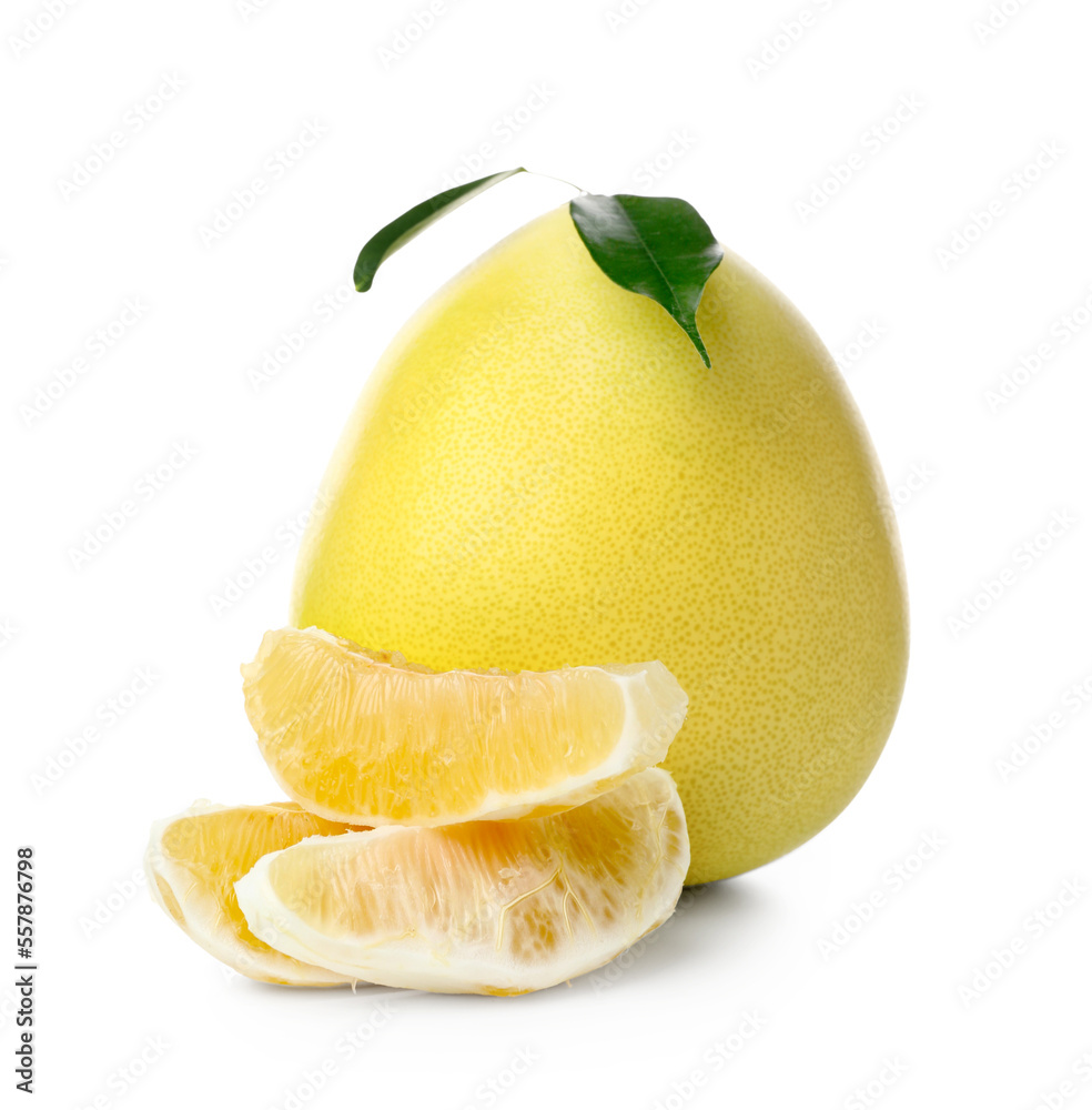 Sweet ripe pomelo fruit and slices on white background