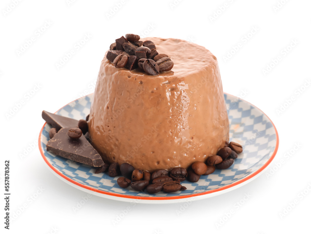 Plate with delicious pudding, coffee beans and chocolate on white background