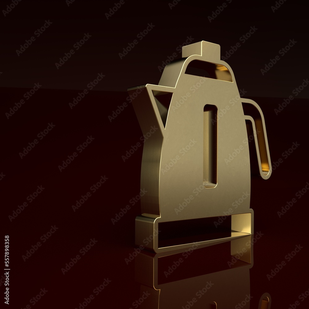 Gold Electric kettle icon isolated on brown background. Teapot icon. Minimalism concept. 3D render i