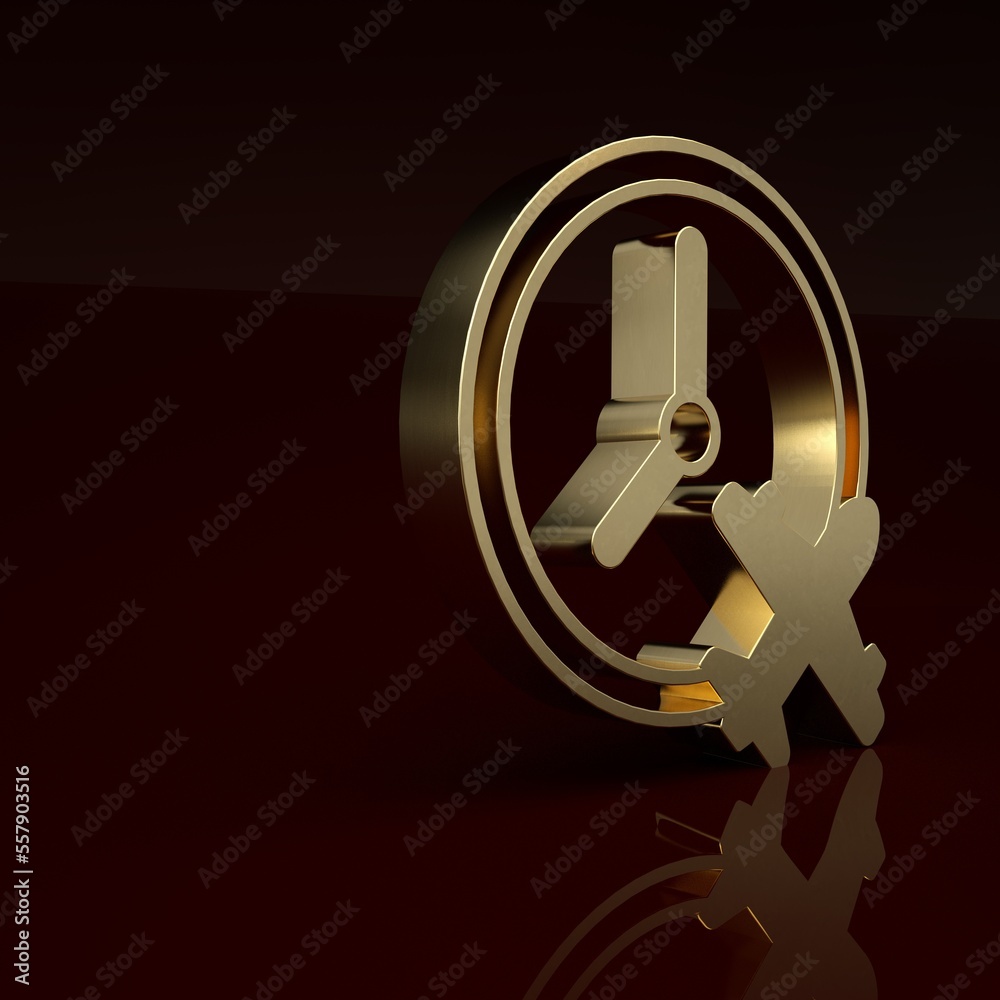 Gold Clock with airplane icon isolated on brown background. Designation of time before departure, ch