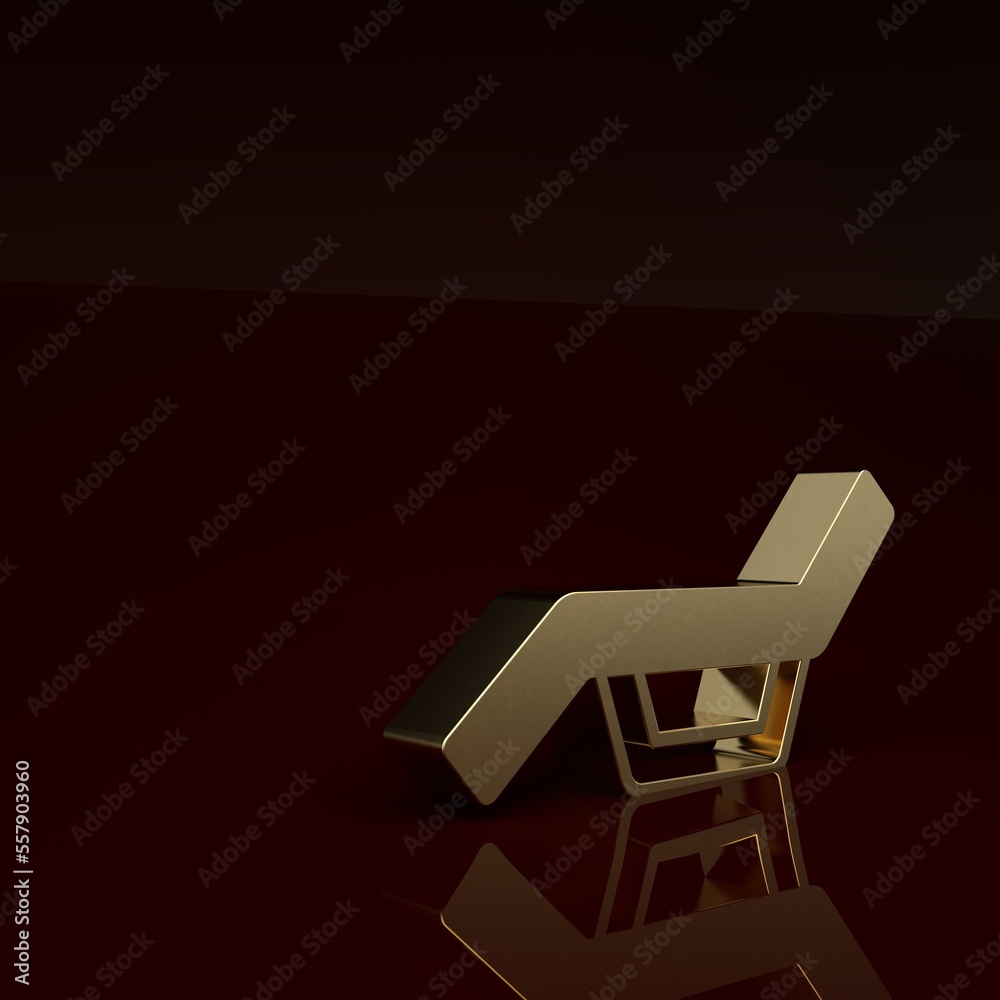 Gold Sunbed icon isolated on brown background. Sun lounger. Minimalism concept. 3D render illustrati