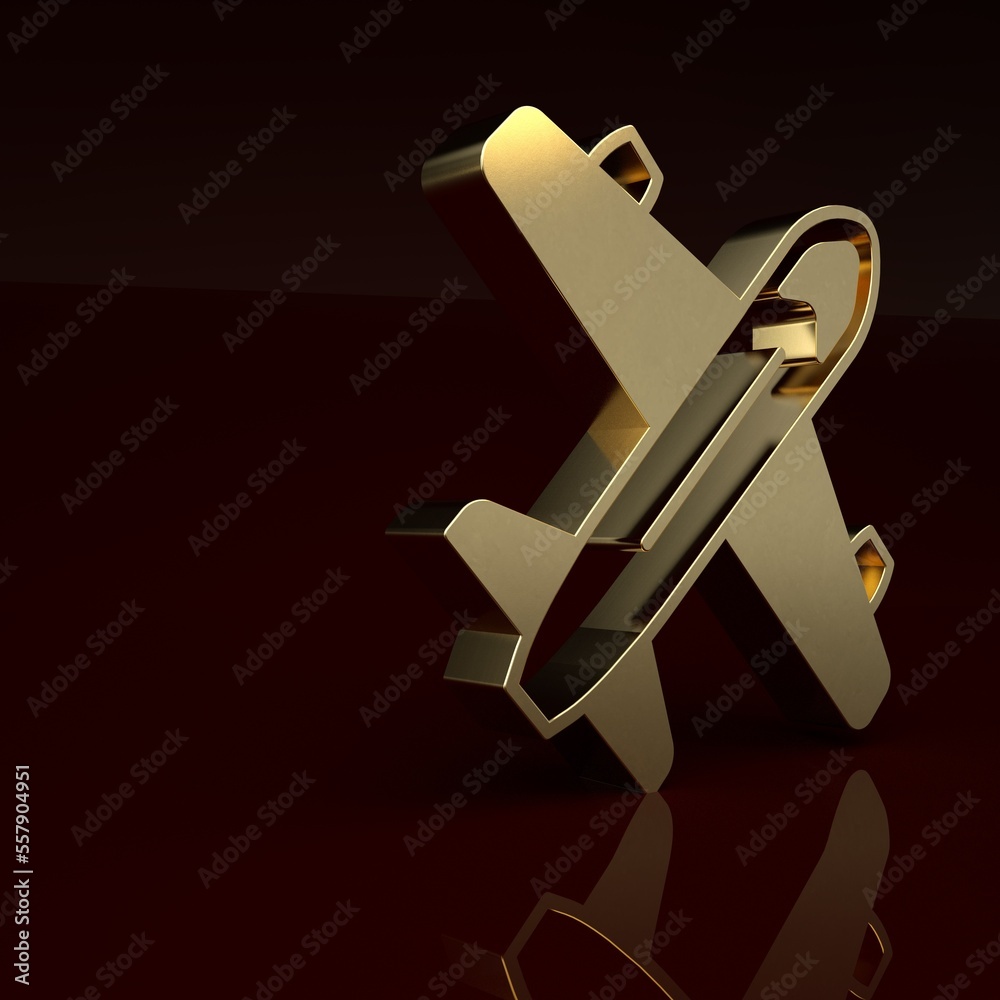 Gold Plane icon isolated on brown background. Flying airplane icon. Airliner sign. Minimalism concep