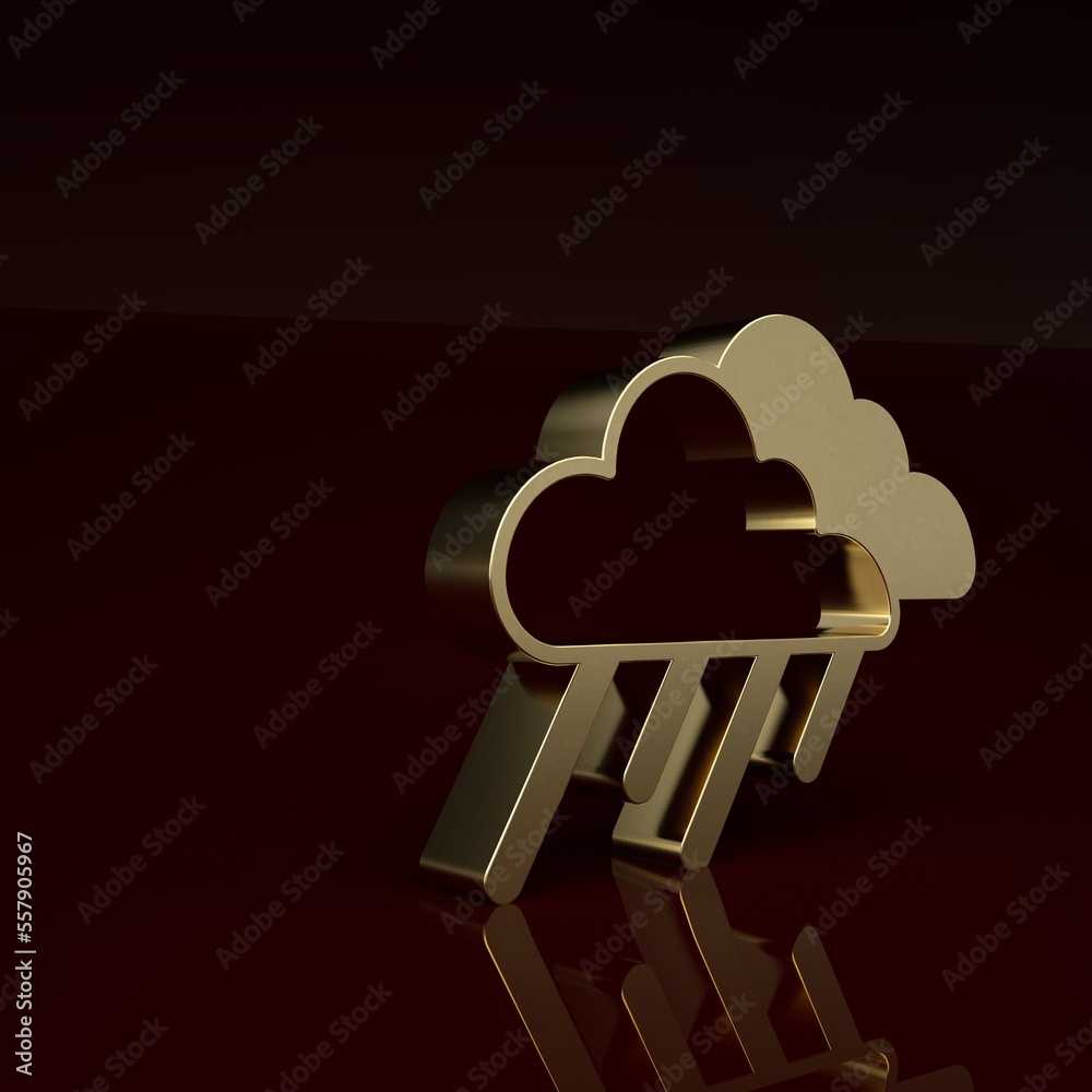 Gold Cloud with rain icon isolated on brown background. Rain cloud precipitation with rain drops. Mi