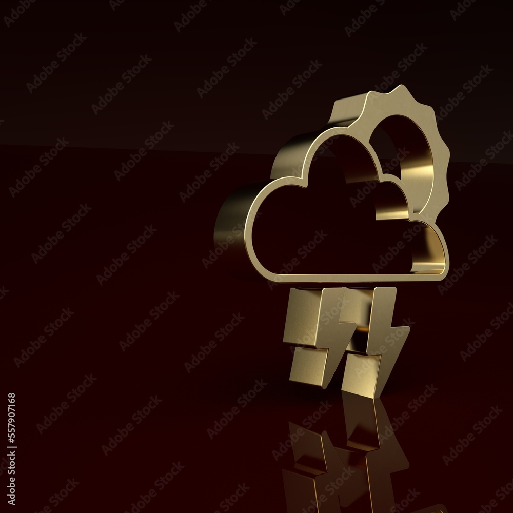 Gold Storm icon isolated on brown background. Cloud with lightning and sun sign. Weather icon of sto