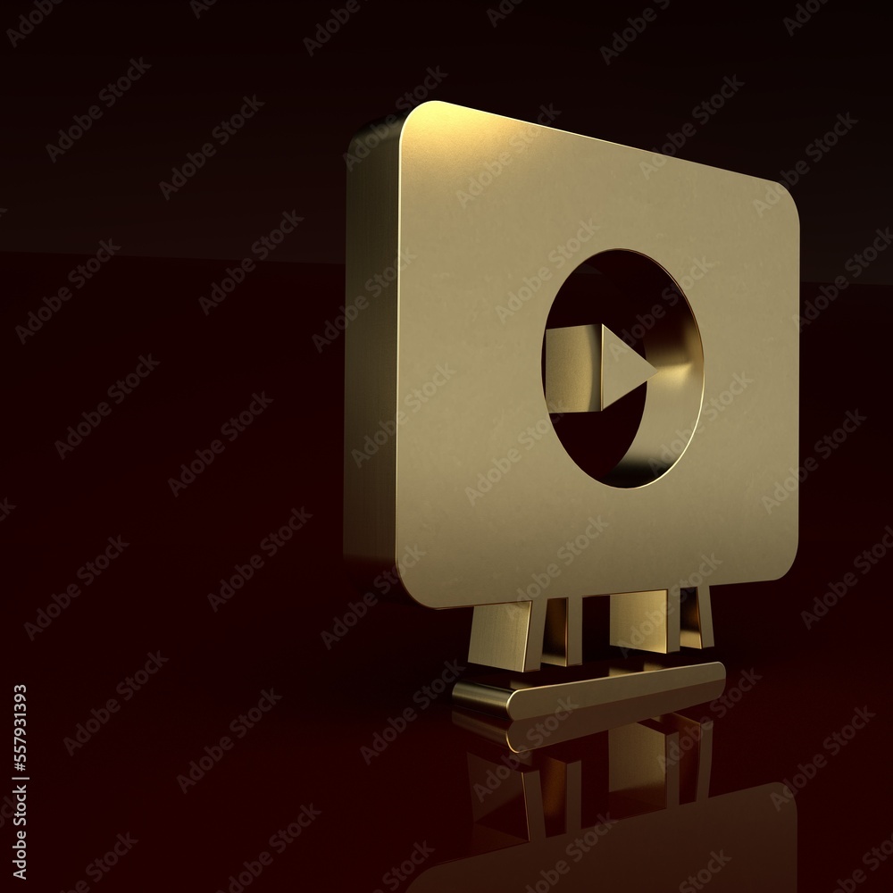 Gold Online play video icon isolated on brown background. Film strip with play sign. Minimalism conc