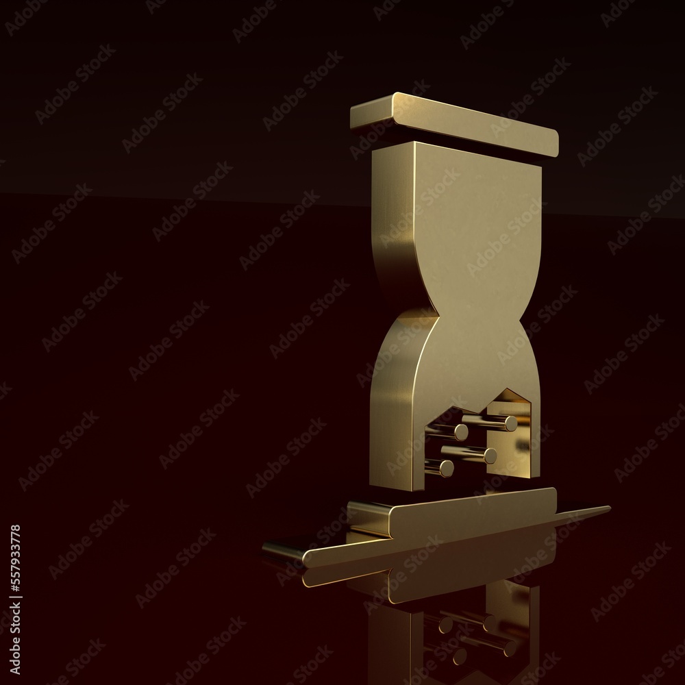 Gold Old hourglass with flowing sand icon isolated on brown background. Sand clock sign. Business an