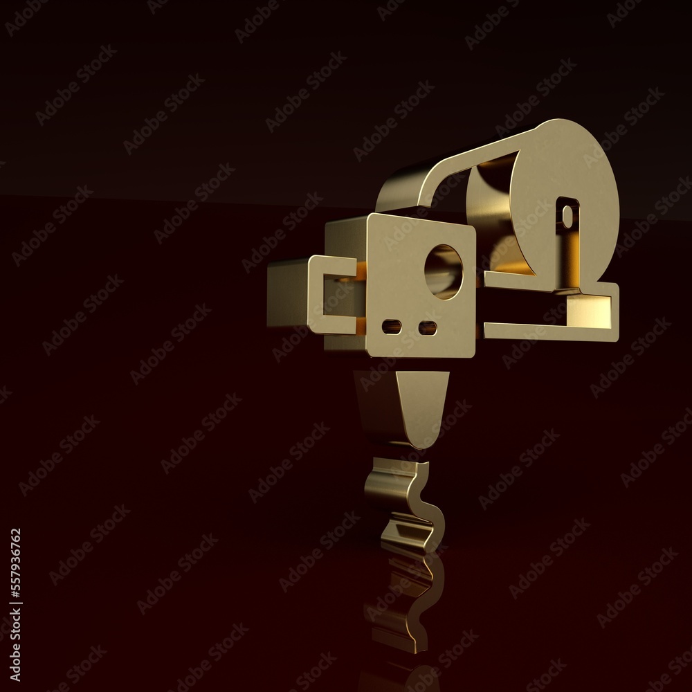 Gold 3D printer icon isolated on brown background. 3d printing. Minimalism concept. 3D render illust