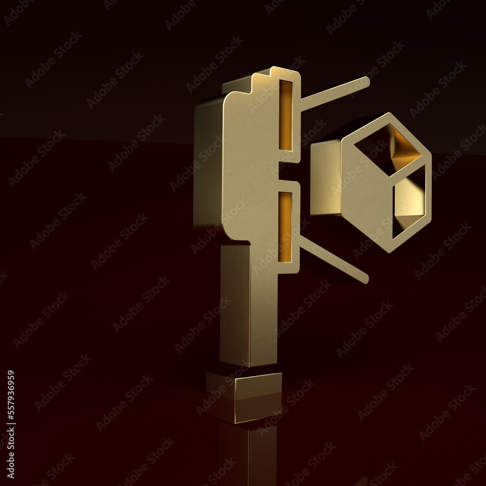 Gold 3D scanner with cube projection icon isolated on brown background. Minimalism concept. 3D rende