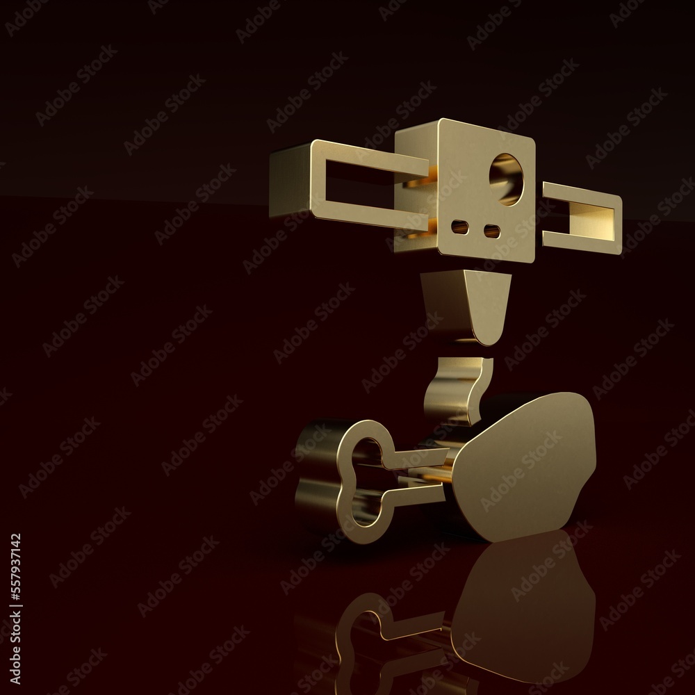 Gold 3D printer chicken leg icon isolated on brown background. 3d printing. Minimalism concept. 3D r